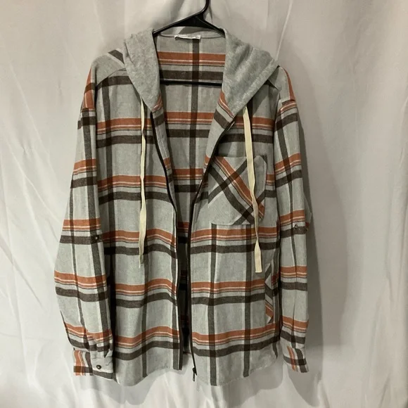 Staccato Womens Fall Plaid Hooded Shacket Size Large Gray Orange Black NWOT - Picture 7 of 13